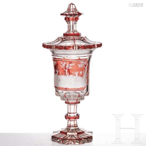 A large Bohemian ruby-red glazed riflemen's festival gob...