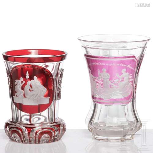 Two Bohemian ruby and violet glazed beakers with the three F...