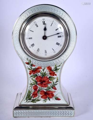 A FINE EDWARDIAN SILVER AND ENAMEL MANTEL CLOCK painted with...