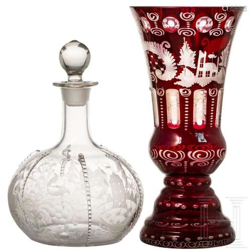 A glass goblet and carafe with stopper, Bohemian, circa 1900