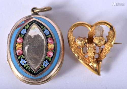 A 9CT GOLD BROOCH and an enamelled pendant. 15.8 grams. Larg...