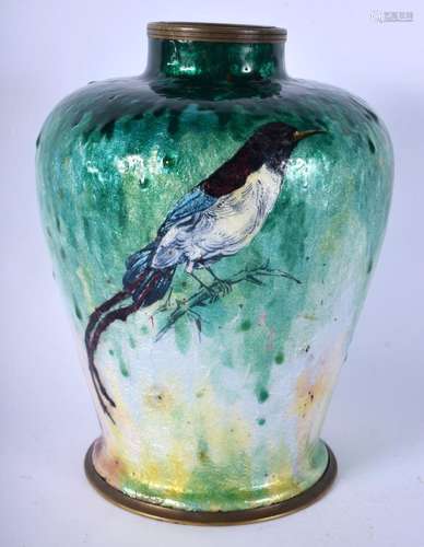 AN ANTIQUE LIMOGES ENAMEL BIRD VASE by Jules Sarlandie. 20 c...