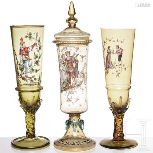 Three Bavarian olive glass goblets, Theresienthal, circa 189...