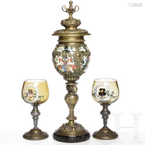 A large Bavarian olive-green goblet with cover and two rumme...