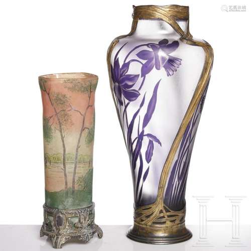 Two art nouveau vases with metal mounting, Verreries de Sain...