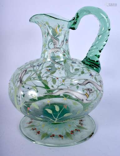 A LARGE EARLY 20TH CENTURY EUROPEAN ENAMELLED GREEN GLASS EW...