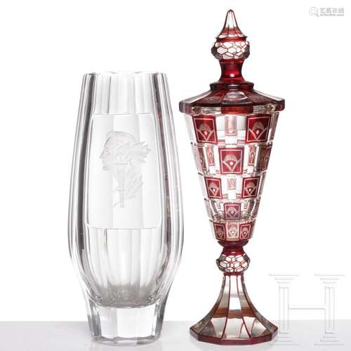 A Bohemian glass vase and a goblet with cover, circa 1930