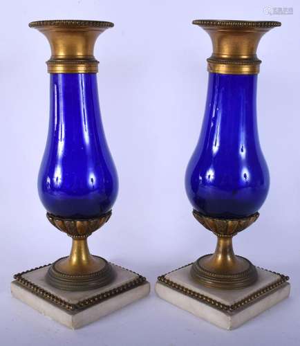 A PAIR OF 19TH CENTURY FRENCH GLASS AND BRONZE VASES with ma...