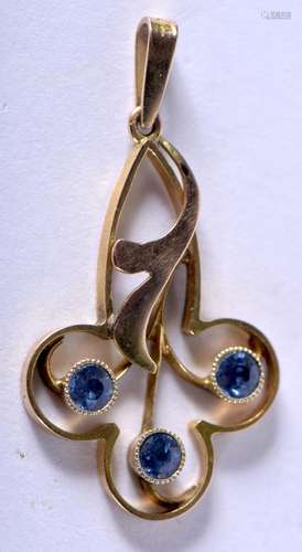 A 9CT GOLD AND SAPPHIRE PENDANT. 1.5 grams. 3.25 cm x 1.75 c...