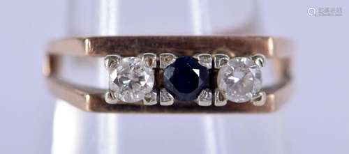 A 9CT GOLD DIAMOND AND SAPPHIRE RING. M. 3.3 grams.