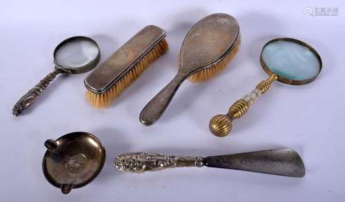 TWO ANTIQUE MAGNIFYING GLASSES and assorted silver etc. (6)