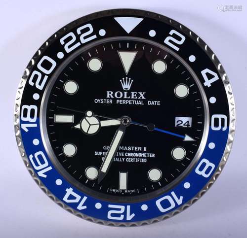 A ROLEX ADVERTISING DEALER DISPLAY HANGING WALL CLOCK. 30 cm...