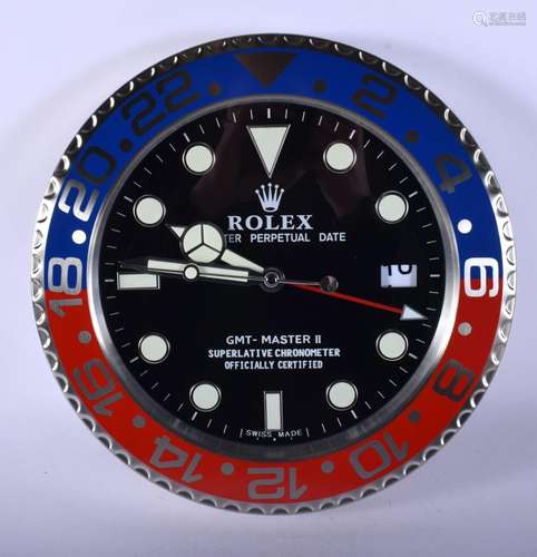 A ROLEX ADVERTISING DEALER DISPLAY HANGING WALL CLOCK. 30 cm...