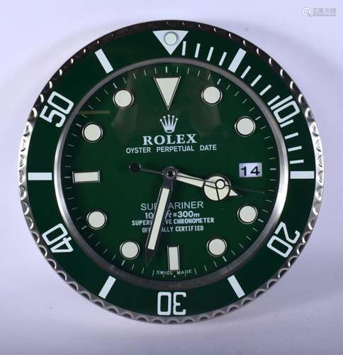 A ROLEX ADVERTISING DEALER DISPLAY HANGING WALL CLOCK. 30 cm...