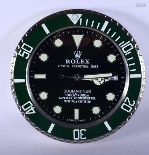 A ROLEX ADVERTISING DEALER DISPLAY HANGING WALL CLOCK. 30 cm...