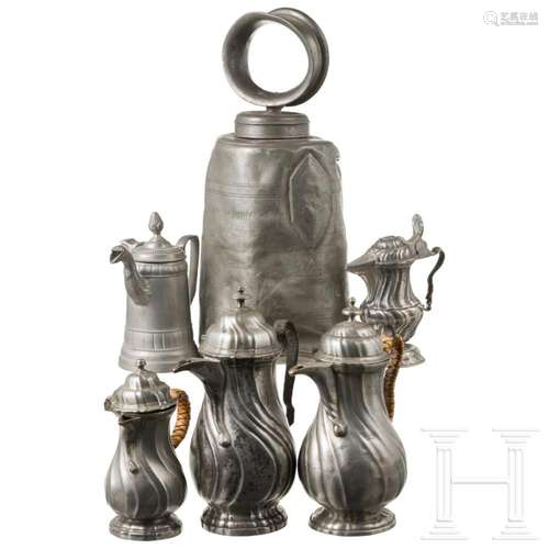 A South German guild flask and five coffee pots made of pewt...