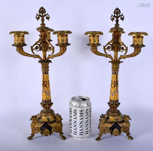 A PAIR OF 19TH CENTURY FRENCH BRONZE AND CHAMPLEVE ENAMEL CA...