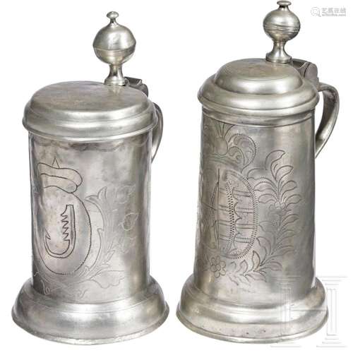 Two Saxon pewter tankards, dated 1783 and 1785