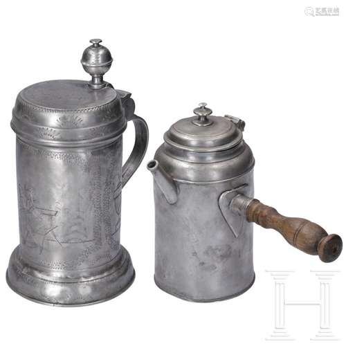 An engraved Saxon pewter jug and chocolate pot, circa 1800