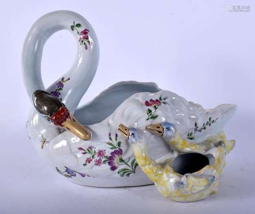 A RARE EMILLE GALLE TIN GLAZED POTTERY SWAN BOWL painted wit...