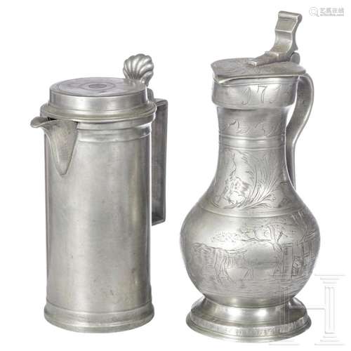 Two large Belgian lidded pewter measures, 19th century