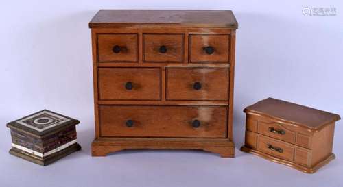 A VINTAGE APPRENTICE MADE PINE CHEST OF DRAWERS and two jewe...