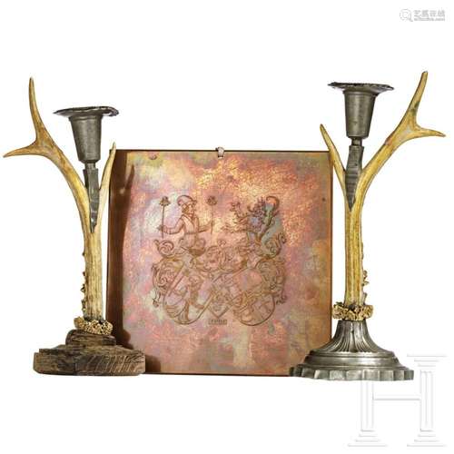 A pair of German antler-candlesticks and an engraved copper ...