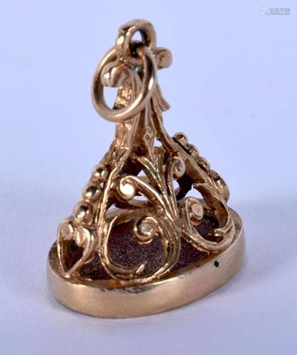 A 9CT GOLD AND AGATE FOB SEAL. 6 grams. 3 cm x 2 cm.