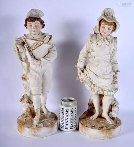 A LARGE PAIR OF ANTIQUE EUROPEAN BISQUE PORCELAIN FIGURES mo...