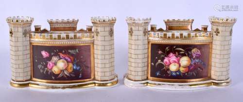 A PAIR OF EARLY 19TH CENTURY ENGLISH PORCELAIN TURRET FORM C...