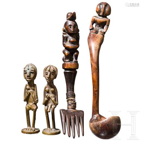 An African wooden cutlery and two bronze figures, circa 1900