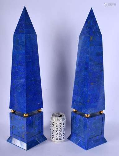 A LARGE PAIR OF CONTINENTAL CARVED LAPIS LAZULI OBELISKS pos...