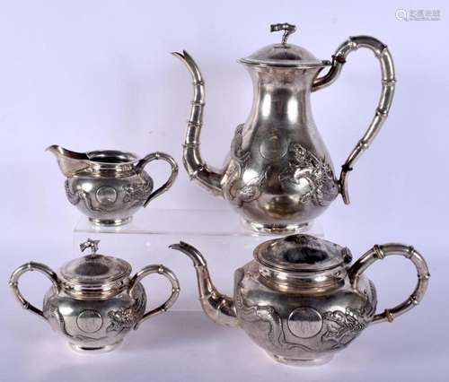 A 19TH CENTURY CHINESE EXPORT FOUR PIECE SILVER TEASET decor...