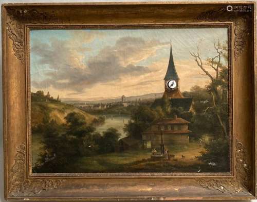TABLEAU HORLOGE 
Huile sur toile représentant un paysage
XIX...