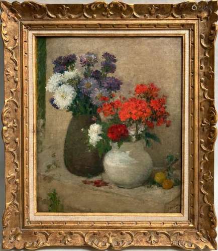 ECOLE FRANCAISE
Vases de fleurs sur un entablement
Huile sur...