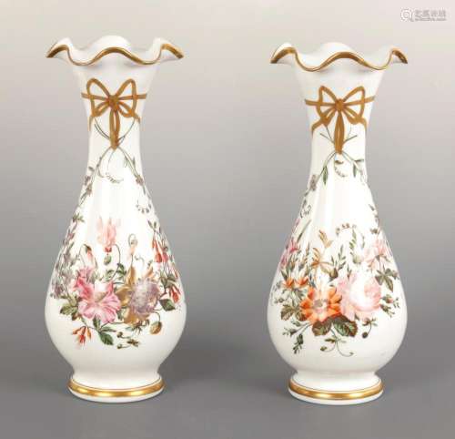 A PAIR OF 19TH CENTURY FRENCH OPALINE GLASS FLORAL VASES