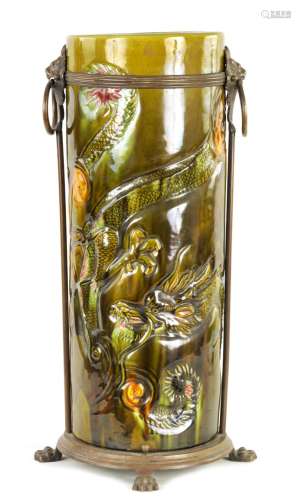 A LATE 19TH CENTURY BRETBY CERAMIC AND BRASS MOUNTED UMBRELL...