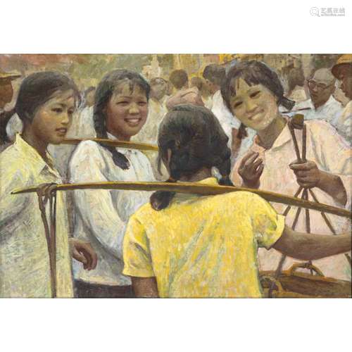 HE PEI PEI (XXE SIÈCLE) Jeunes filles chinoises. Huile sur t...