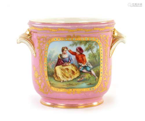 A 19TH CENTURY SEVRES TWO-HANDLED CACHE POT
