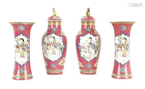 A 19TH CENTURY PORCELAIN FAMILLE ROSE GARNITURE SET