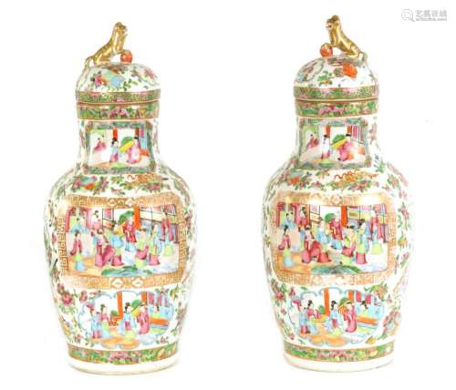 A PAIR OF 19TH CENTURY CANTON OVOID VASES WITH DOME COVERS A...