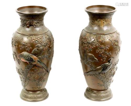 A LARGE PAIR OF JAPANESE MEIJI PERIOD BRONZE AND MIXED METAL