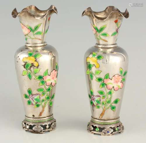 A PAIR OF 19TH CENTURY CHINESE SILVER AND ENAMEL VASES