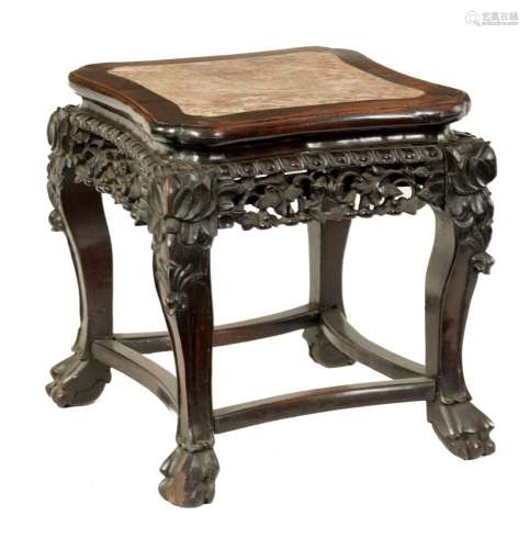 A 19TH CENTURY CHINESE HARDWOOD AND MARBLE SHAPED JARDINIERE...