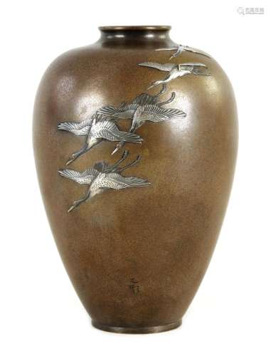 A JAPANESE MIEJI PERIOD BRONZE AND MIXED METAL VASE BY NOGAW...