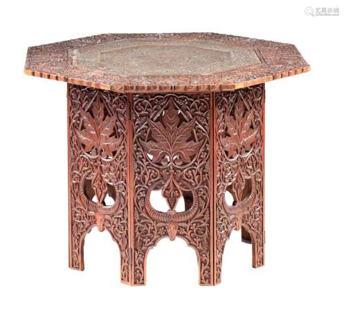 A FINELY CARVED AND PIERCED OCTAGONAL INDIAN HARDWOOD TABLE
