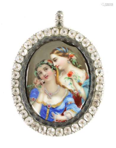 A 19TH CENTURY CONTINENTAL SILVER METAL PAINTED ENAMEL PORTR...