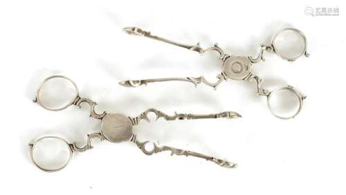 TWO PAIRS OF MID 18TH CENTURY SILVER SUGAR NIPS