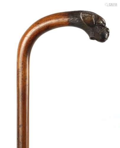 A 19TH CENTURY CROOK HANDLED WALKING STICK WITH CARVED BULLD...