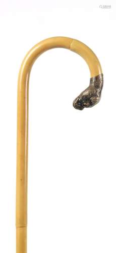 AN EARLY 20TH CENTURY BAMBOO WALKING STICK WITH SILVER BULLD...